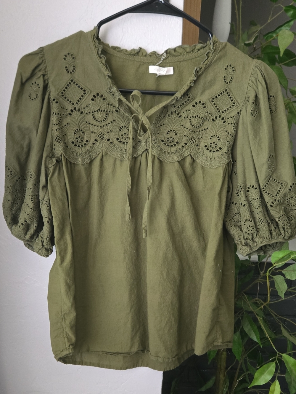 Maurices Olive Eyelet Tie-Neck Peasant Blouse